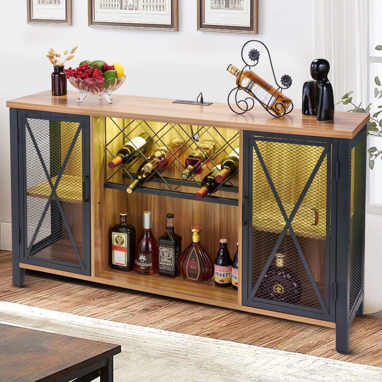 Wine Cabinet with Power Outlet and Light LED Wine Bar Stand for Liquor and Glasses, Industrial Home Coffee Cabinet for Kitchen, Dining Room, Living Room, Brown