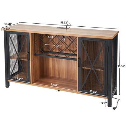 Wine Cabinet with Power Outlet and Light LED Wine Bar Stand for Liquor and Glasses, Industrial Home Coffee Cabinet for Kitchen, Dining Room, Living Room, Brown