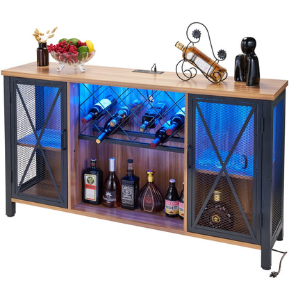 Wine Cabinet with Power Outlet and Light LED Wine Bar Stand for Liquor and Glasses, Industrial Home Coffee Cabinet for Kitchen, Dining Room, Living Room, Brown