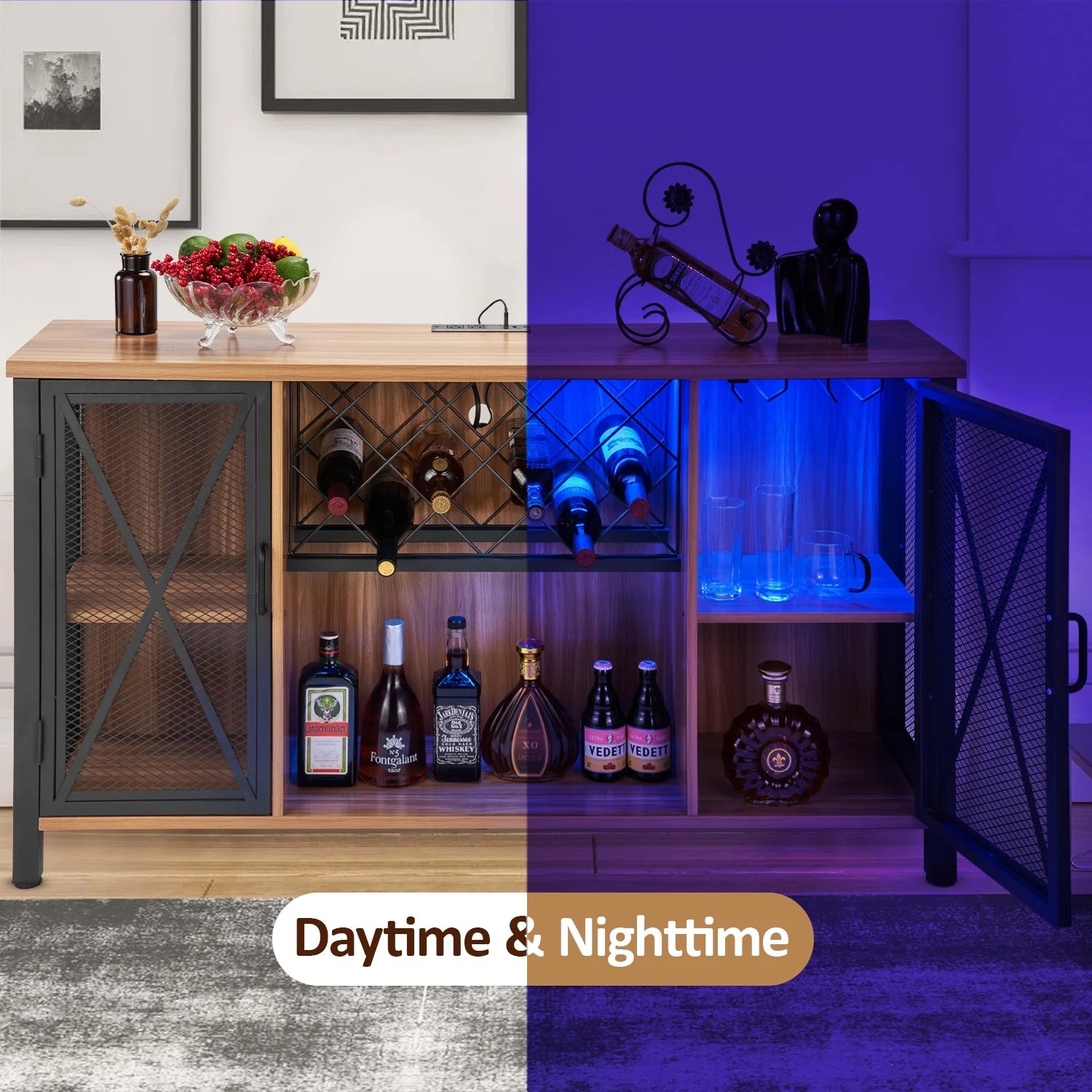 Wine Cabinet with Power Outlet and Light LED Wine Bar Stand for Liquor and Glasses, Industrial Home Coffee Cabinet for Kitchen, Dining Room, Living Room, Brown