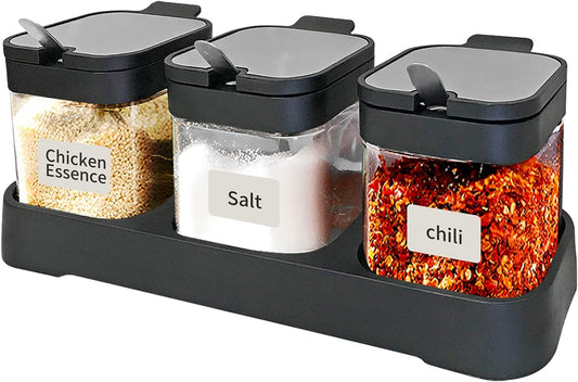 Glass Spice Jars(3 Piecesset)，Seasoning Containers with 304 Stainless Steel Lids and Spoons，Clear Glass Condiment Canisters Pots Seasoning Box Salt Container Sugar Bowl，For Kitchen,