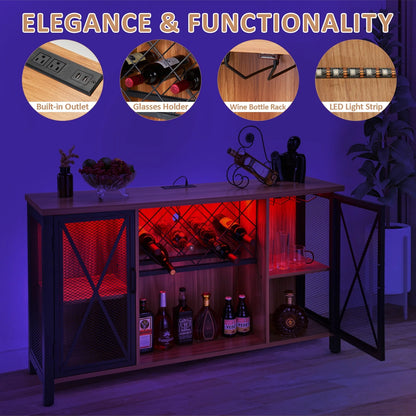 Wine Cabinet with Power Outlet and Light LED Wine Bar Stand for Liquor and Glasses, Industrial Home Coffee Cabinet for Kitchen, Dining Room, Living Room, Brown