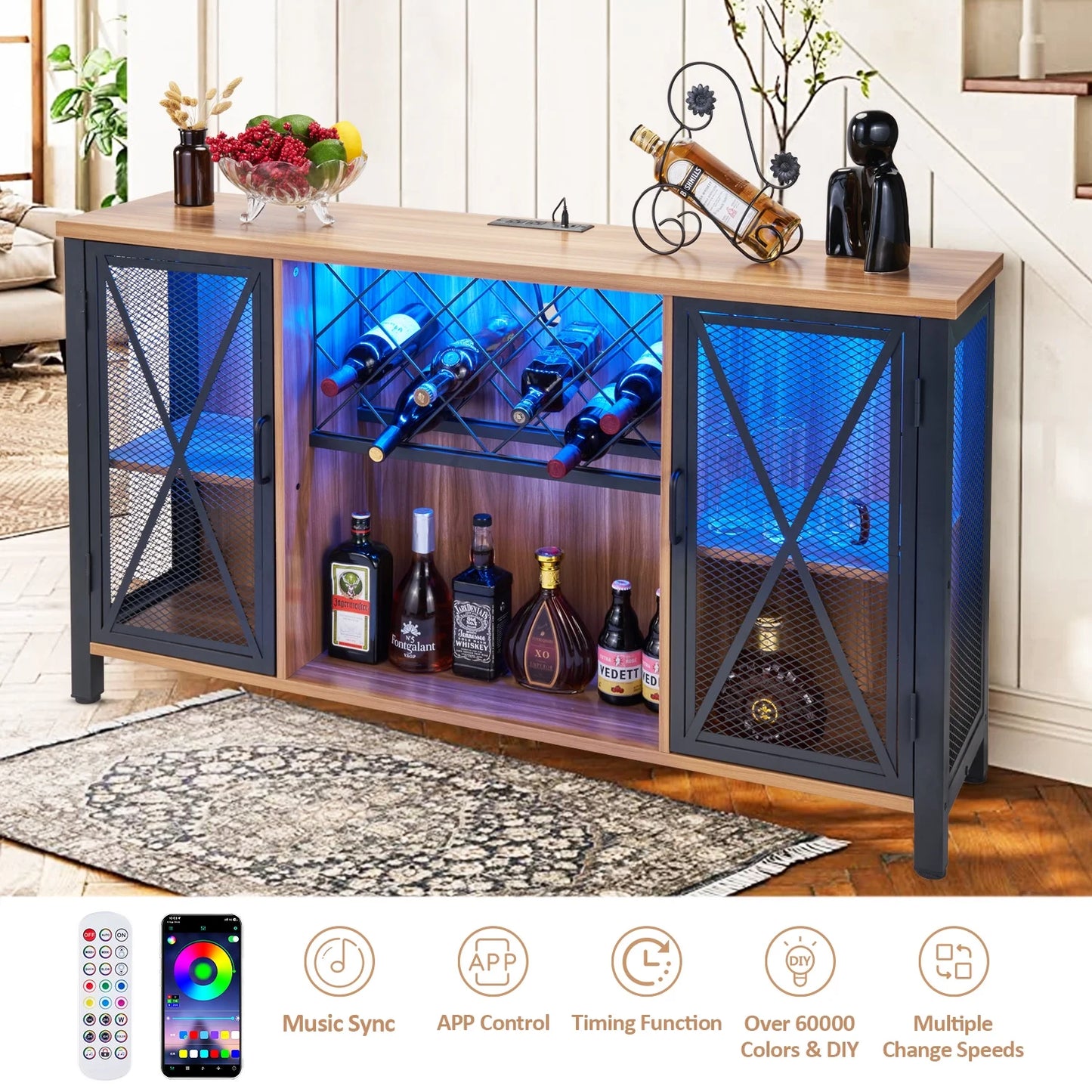 Wine Cabinet with Power Outlet and Light LED Wine Bar Stand for Liquor and Glasses, Industrial Home Coffee Cabinet for Kitchen, Dining Room, Living Room, Brown