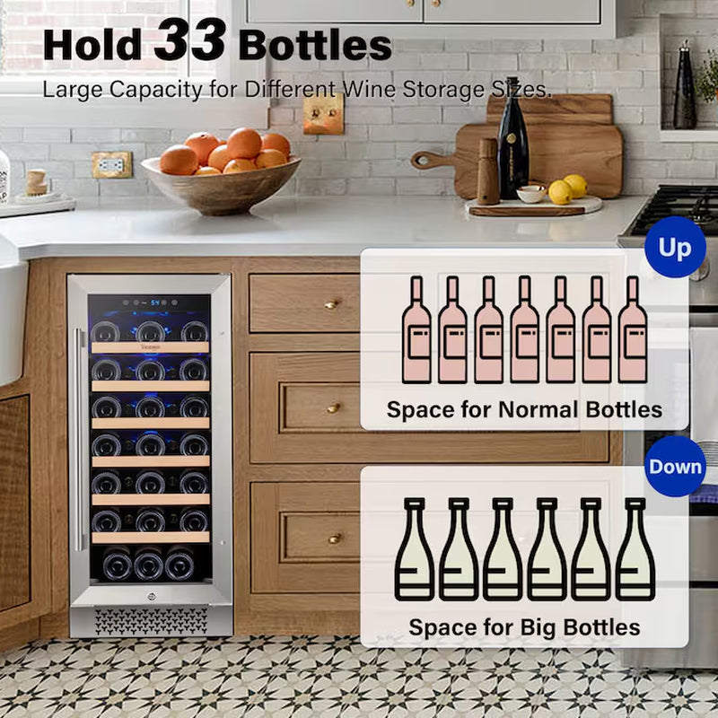 15-In W 33-Bottles Stainless Steel Built-In /Freestanding Indoor Wine Cooler