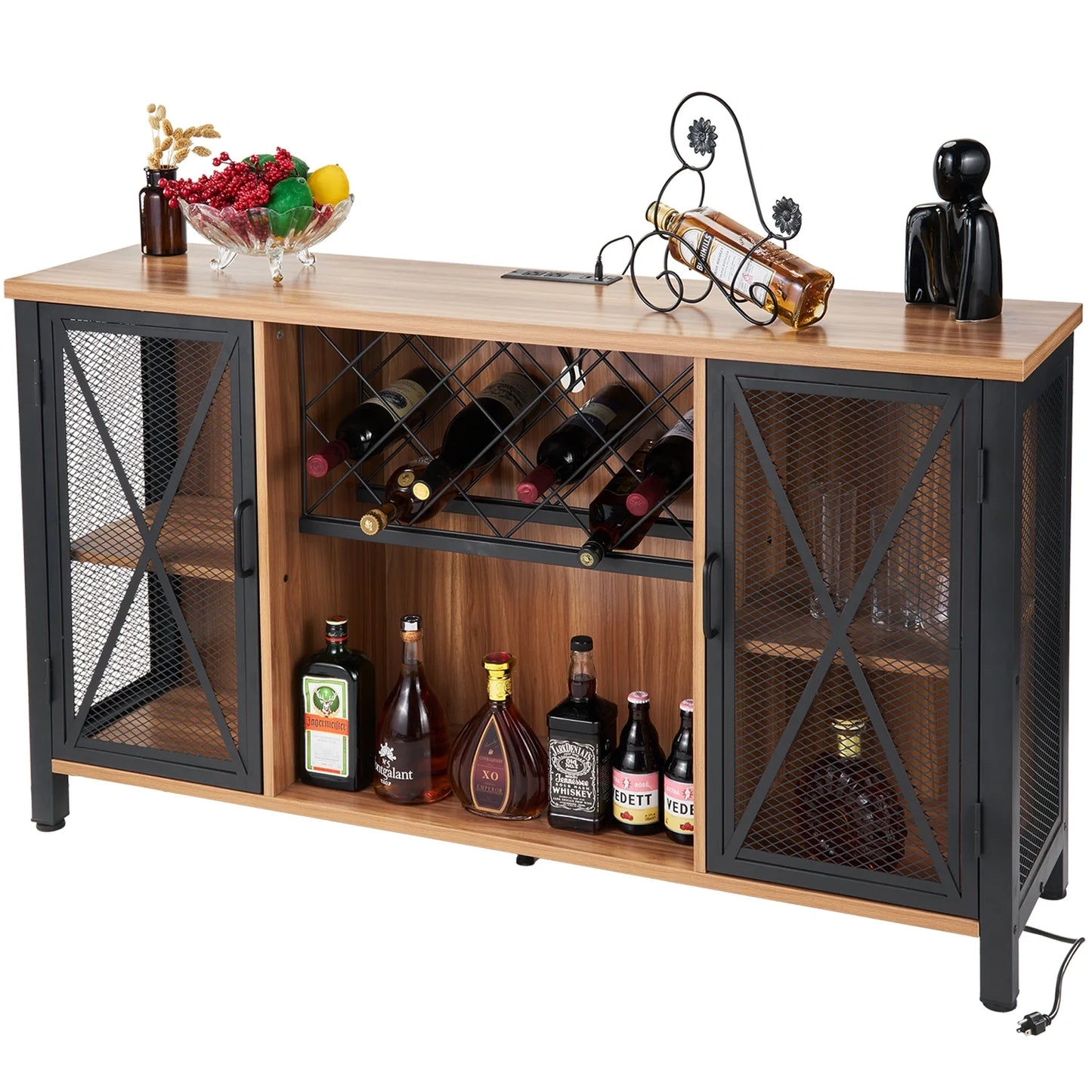 Wine Cabinet with Power Outlet and Light LED Wine Bar Stand for Liquor and Glasses, Industrial Home Coffee Cabinet for Kitchen, Dining Room, Living Room, Brown