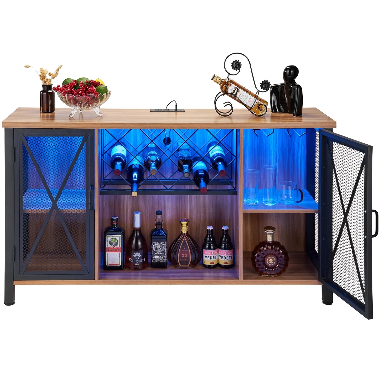 Wine Cabinet with Power Outlet and Light LED Wine Bar Stand for Liquor and Glasses, Industrial Home Coffee Cabinet for Kitchen, Dining Room, Living Room, Brown