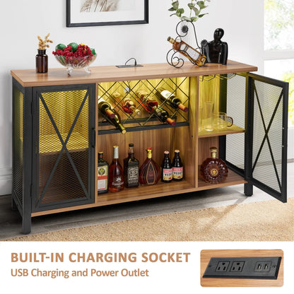 Wine Cabinet with Power Outlet and Light LED Wine Bar Stand for Liquor and Glasses, Industrial Home Coffee Cabinet for Kitchen, Dining Room, Living Room, Brown